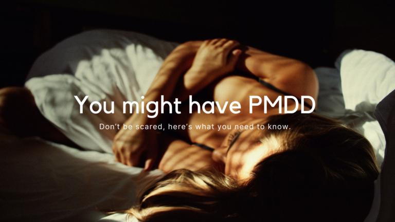 mood swings, anxiety, fatigue, and other symptoms of PMDD , conveying the emotional and physical challenges of the condition.