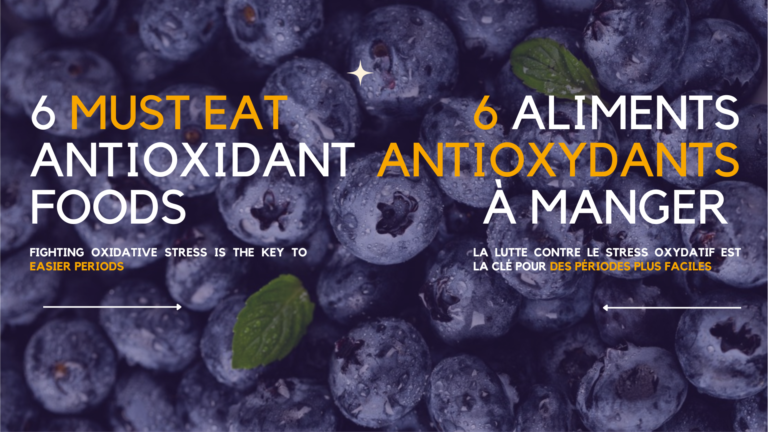 blue berries in the background. the letters read: 6 must eat antioxidant foods.