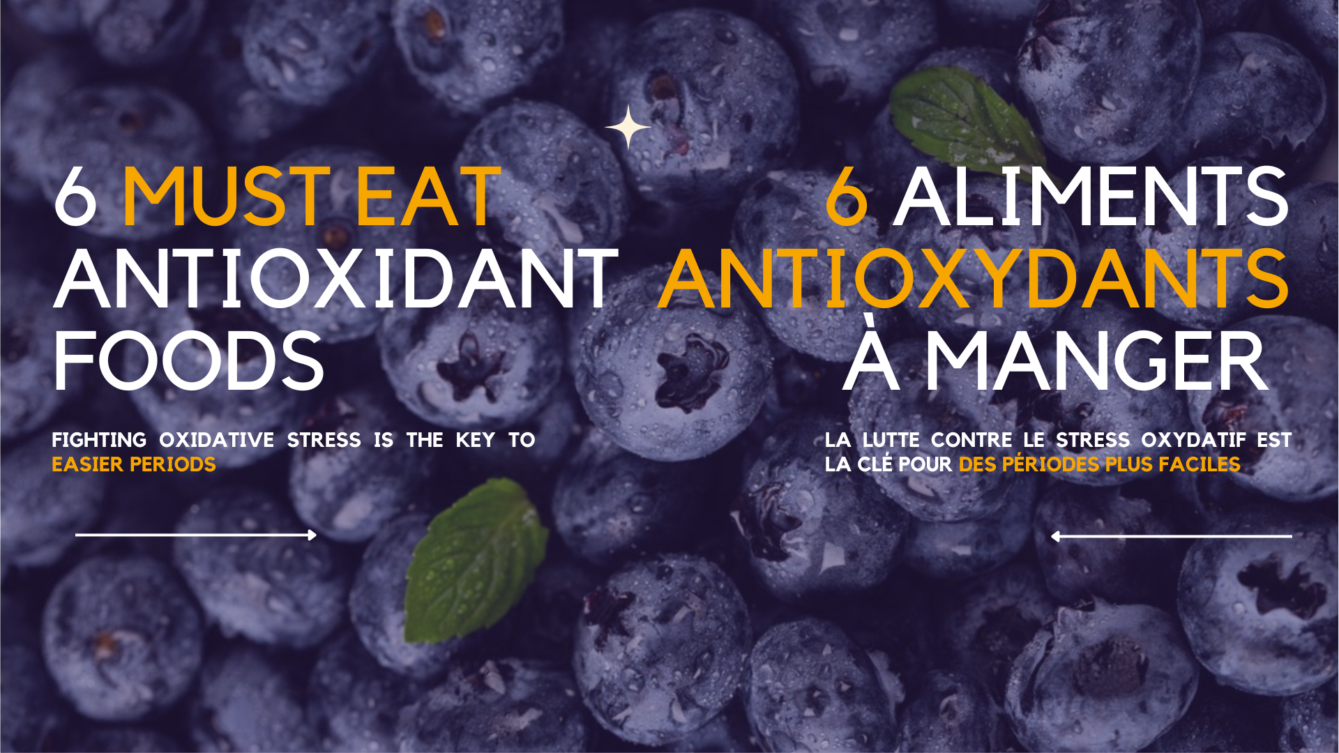 blue berries in the background. the letters read: 6 must eat antioxidant foods.