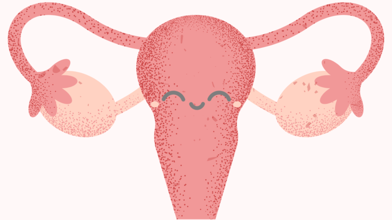 Drawing of uterus with eyes. Article about periods (menstruation)