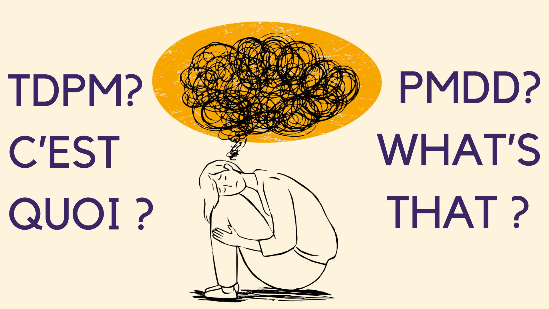 Illustration of a person sitting with their head on their knees, with a dark cloud above them representing mood swings, anxiety, fatigue, and other symptoms of PMDD , conveying the emotional and physical challenges of the condition.