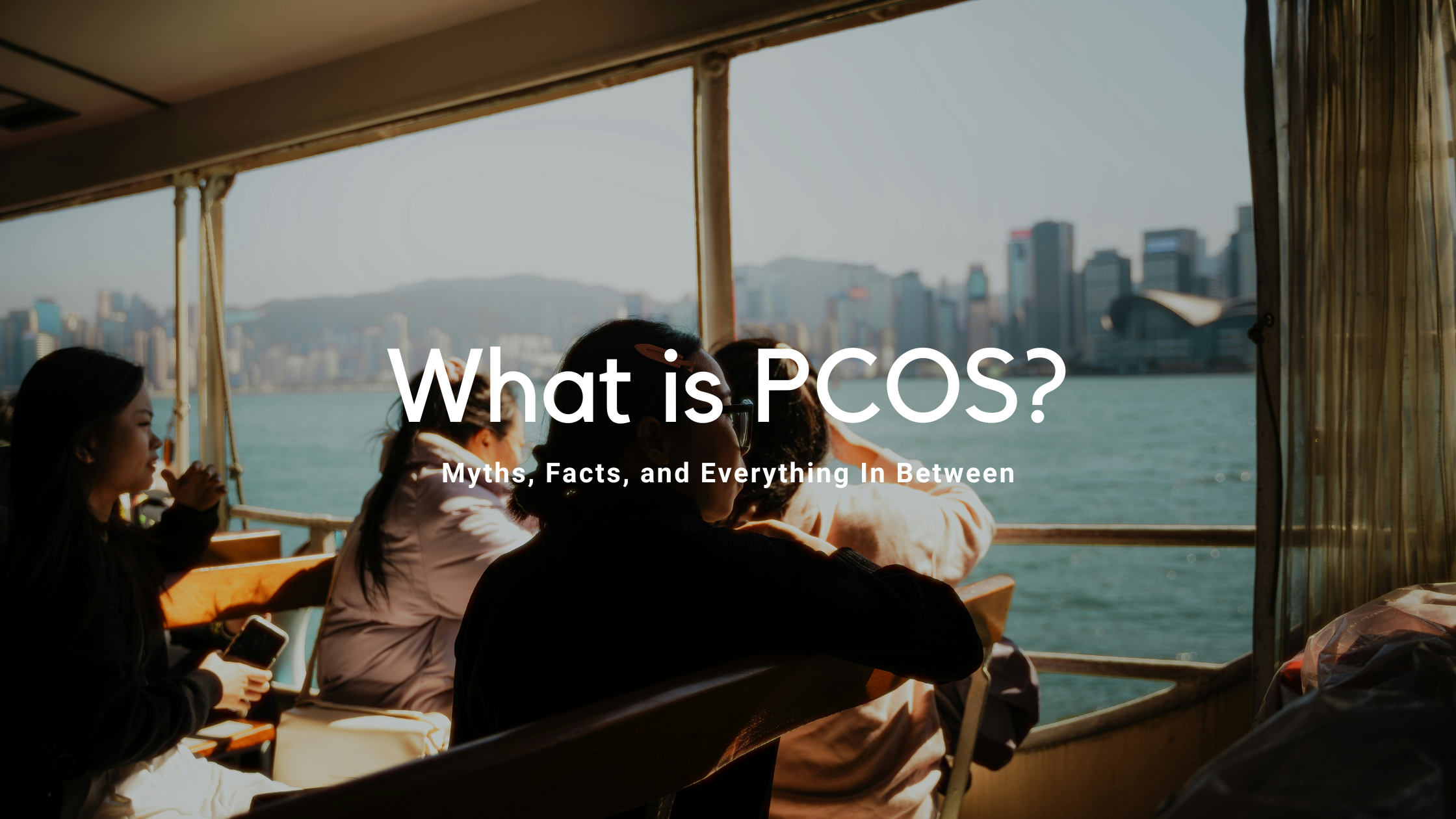 women looking off in the distance. white text saying : what is pcos?